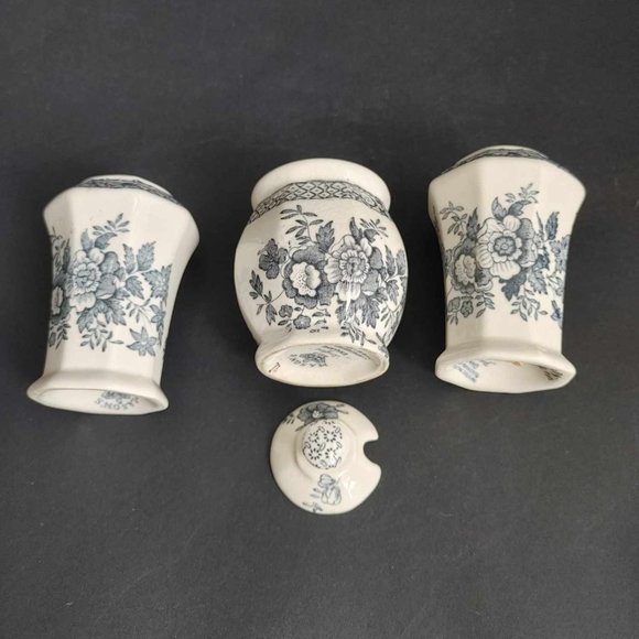 Mason's Stratford Blue Condiment Set Salt Pepper Shakers Mustard Jar Tray - Picture 4 of 11